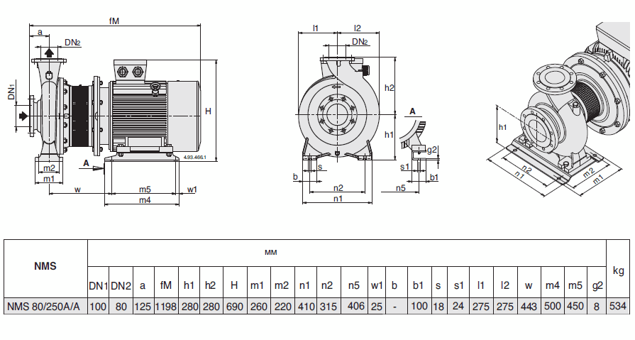 Габаритный чертеж насоса Calpeda NMS 80/250A/A