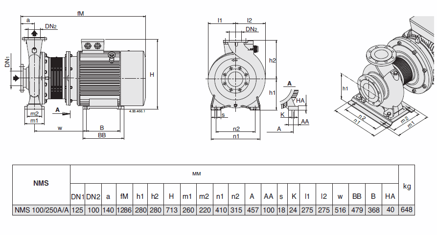 Габаритный чертеж насоса Calpeda NMS 100/250A/A