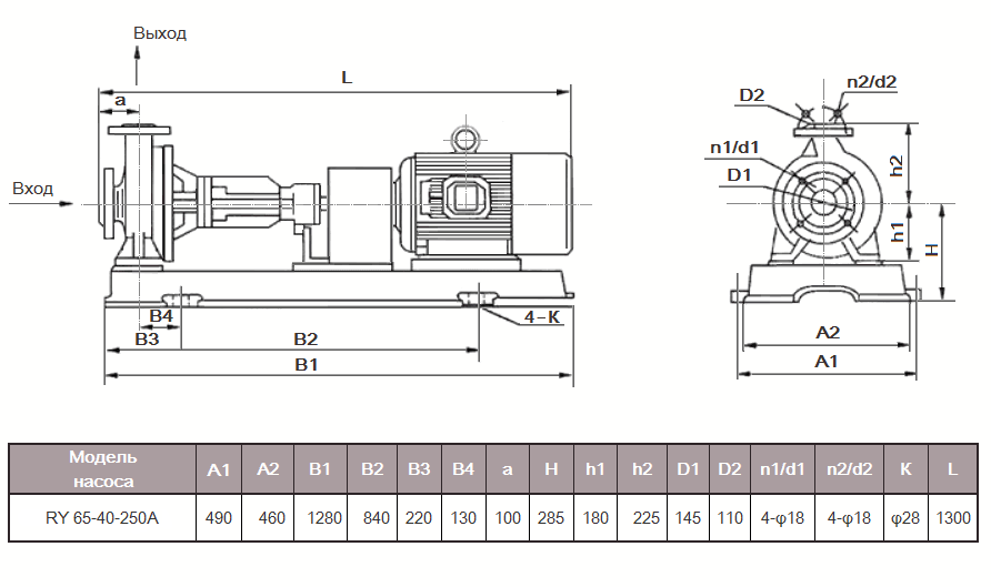 Габаритный чертеж насоса ZY Technology RY 65-40-250А