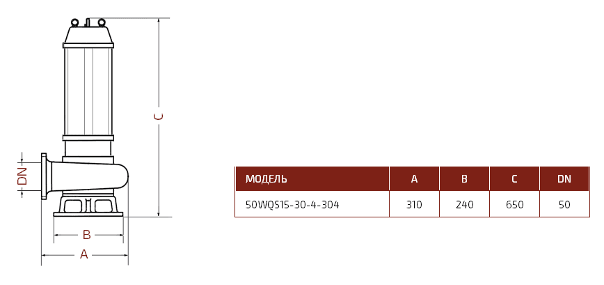 Габаритный чертеж насоса Vetlan 50WQS15-30-4-304