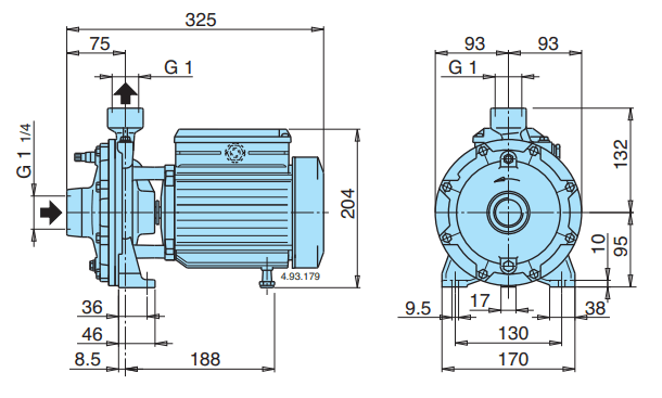 Габаритный чертеж насоса Calpeda NMDM 20/110A/A