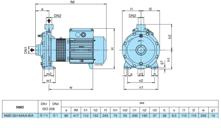 Габаритный чертеж насоса Calpeda NMD 20/140B/A