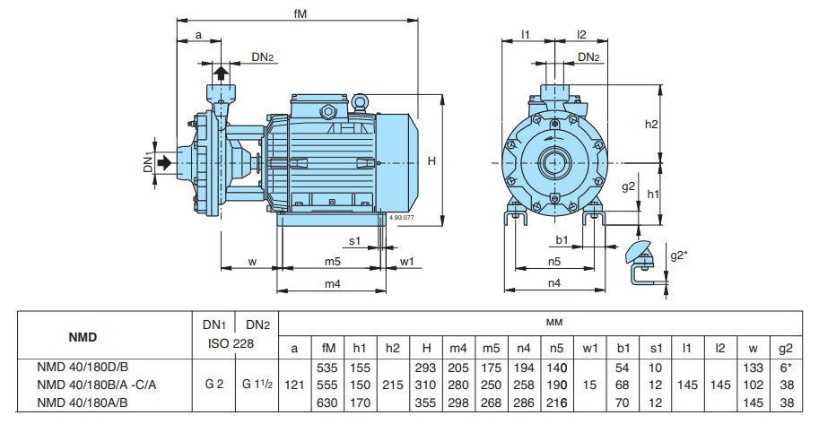 Габаритный чертеж насоса Calpeda NMD 40/180A/B