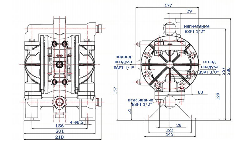 Габаритный чертеж насоса Yamada G15PT