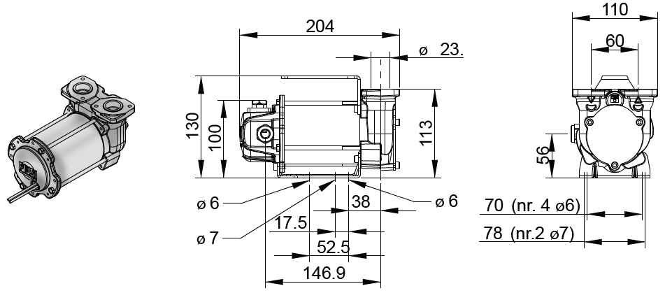 Габаритный чертеж насоса Piusi BY-PASS 3000 DC DC 24V/12V