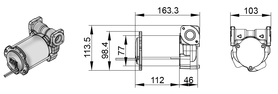 Габаритный чертеж насоса Piusi BY-PASS 3000 INLINE DC 24V/12V