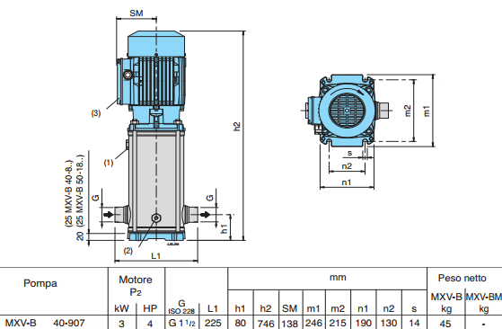 Габаритный чертеж насоса Calpeda MXV-B 40-907/A