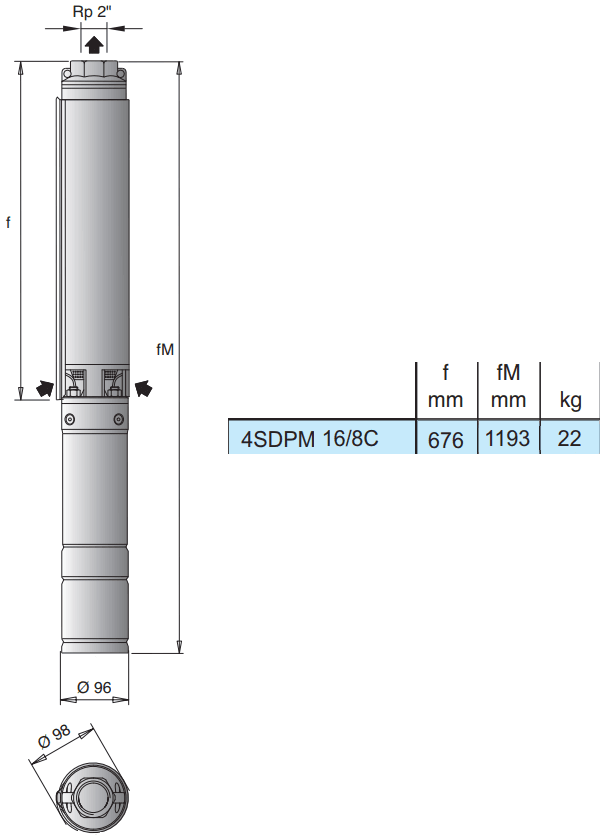 Габаритный чертеж насоса Calpeda 4SDPM 16/8