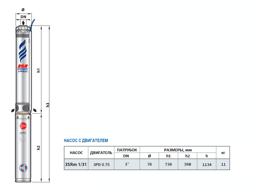 Габаритный чертеж насоса Pedrollo 3SRm 1/31