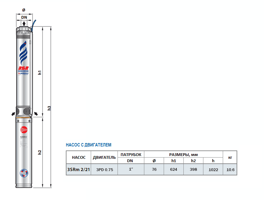 Габаритный чертеж насоса Pedrollo 3SRm 2/21