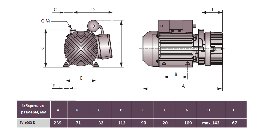 Габаритный чертеж насоса Busch Seco SV 1003 D_220