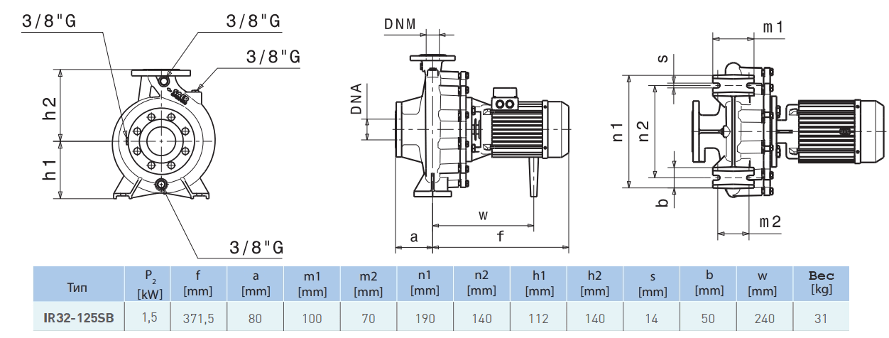 Габаритный чертеж насоса Saer IR32-125 SB