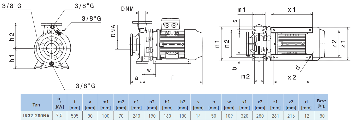 Габаритный чертеж насоса Saer IR32-200 NA