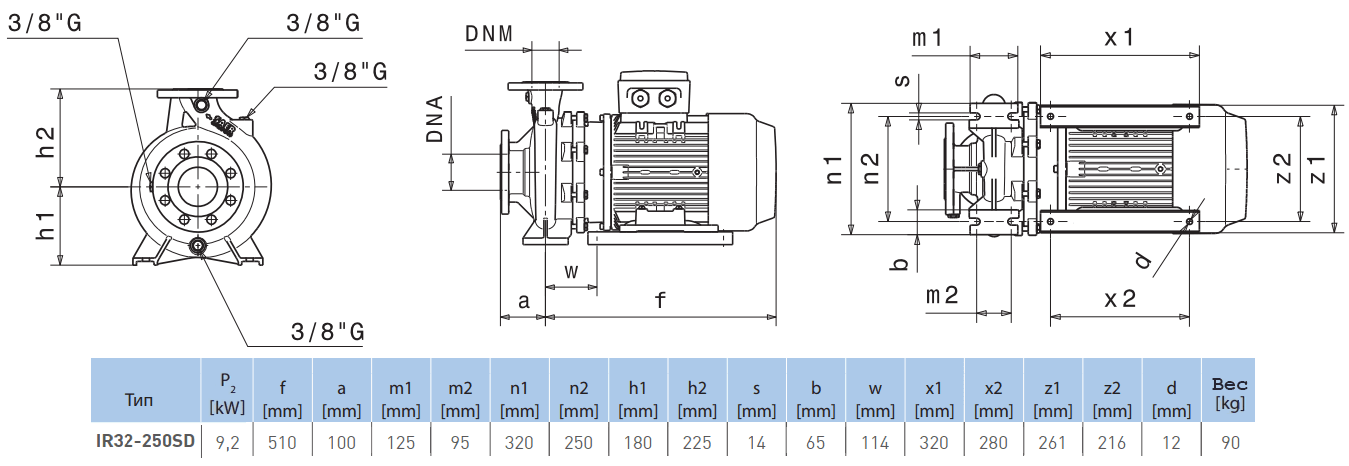 Габаритный чертеж насоса Saer IR32-250 SD