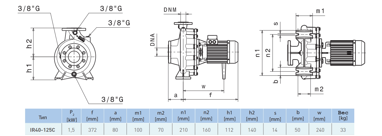 Габаритный чертеж насоса Saer IR40-125 C