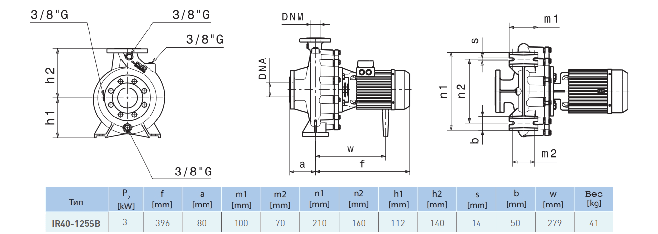 Габаритный чертеж насоса Saer IR40-125 SB