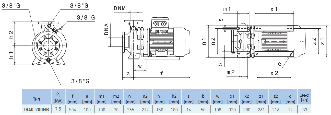 Габаритный чертеж насоса Saer IR40-200 NB