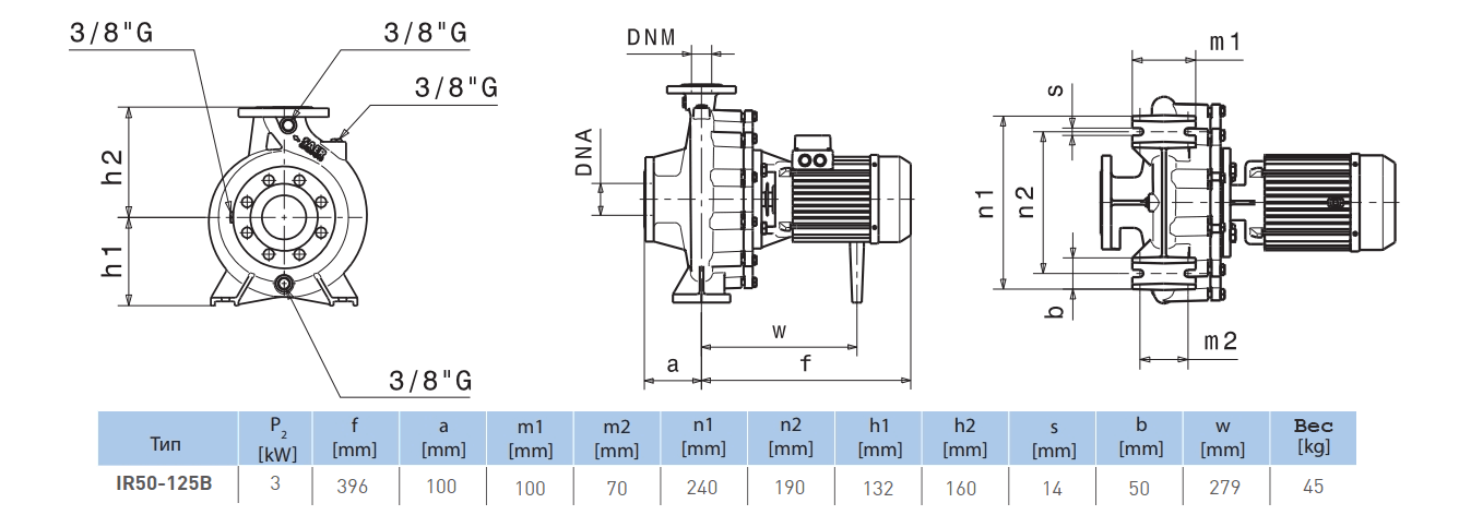 Габаритный чертеж насоса Saer IR50-125 B