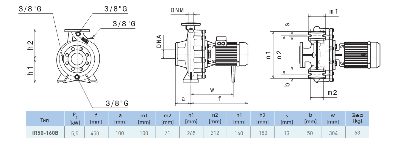 Габаритный чертеж насоса Saer IR50-160 B