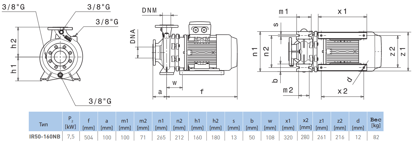 Габаритный чертеж насоса Saer IR50-160 NB