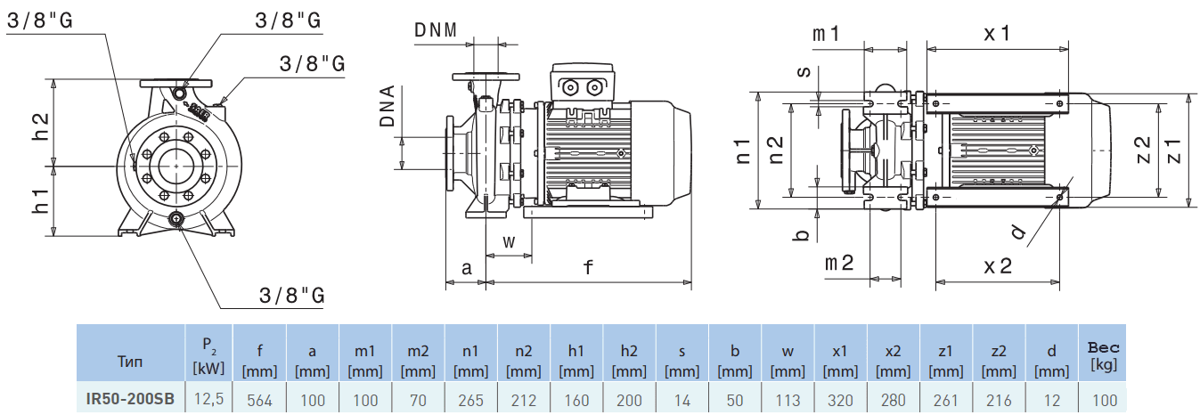 Габаритный чертеж насоса Saer IR50-200 SB