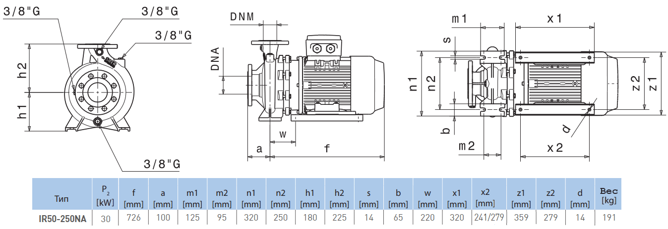 Габаритный чертеж насоса Saer IR50-250 NA