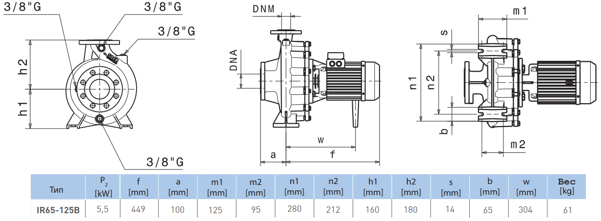 Габаритный чертеж насоса Saer IR65-125 B