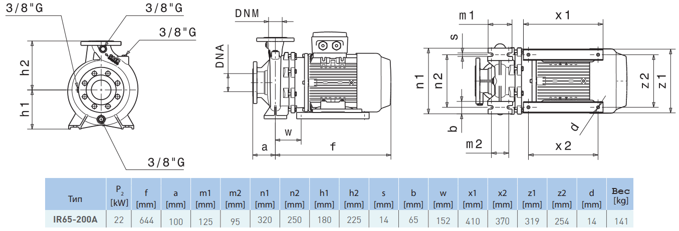 Габаритный чертеж насоса Saer IR65-200 A
