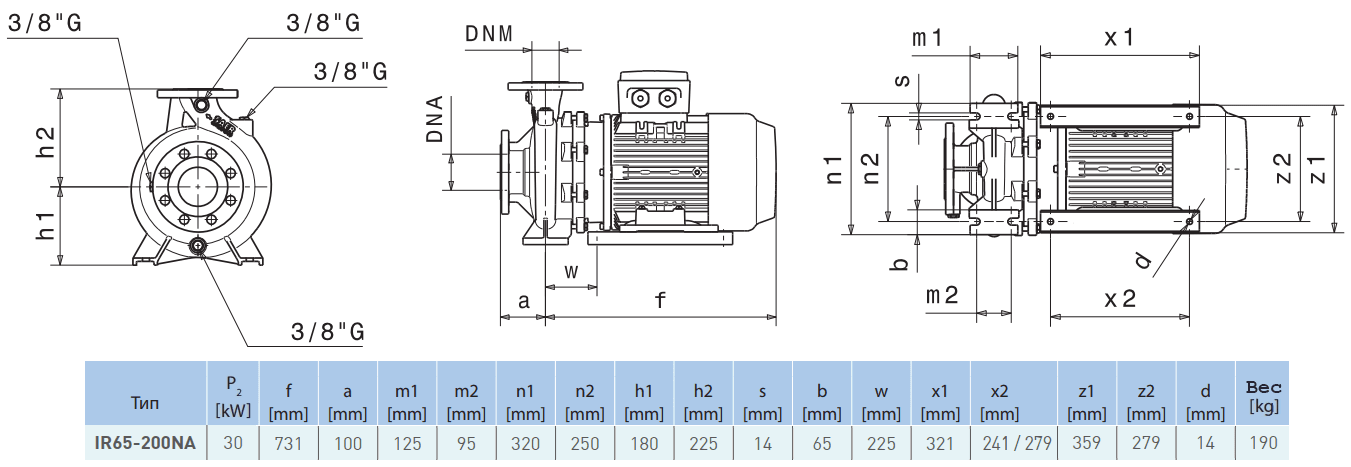 Габаритный чертеж насоса Saer IR65-200 NA