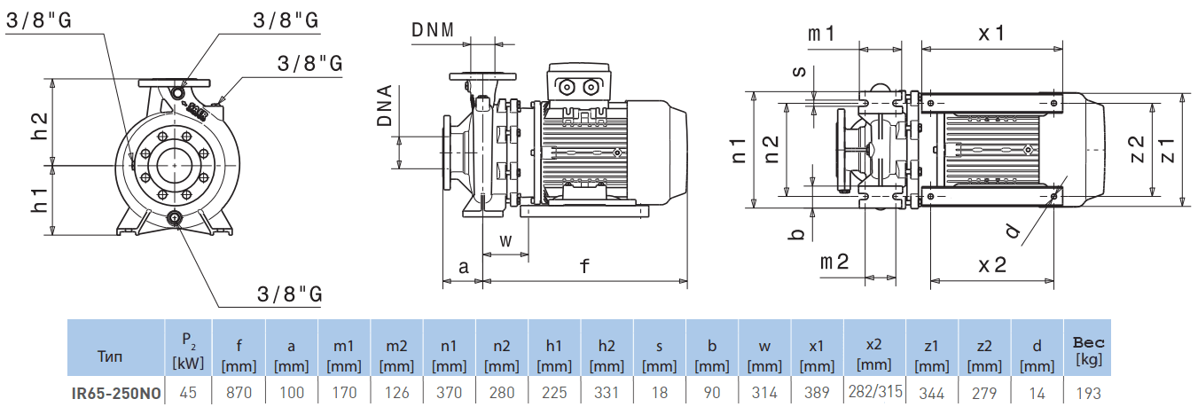 Габаритный чертеж насоса Saer IR65-250 NO