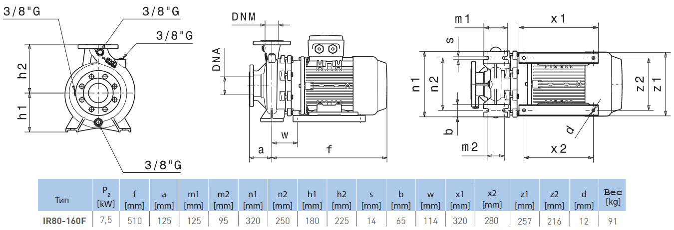 Габаритный чертеж насоса Saer IR80-160 F