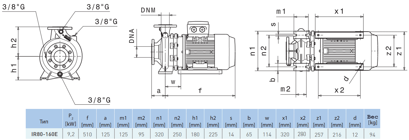 Габаритный чертеж насоса Saer IR80-160 E