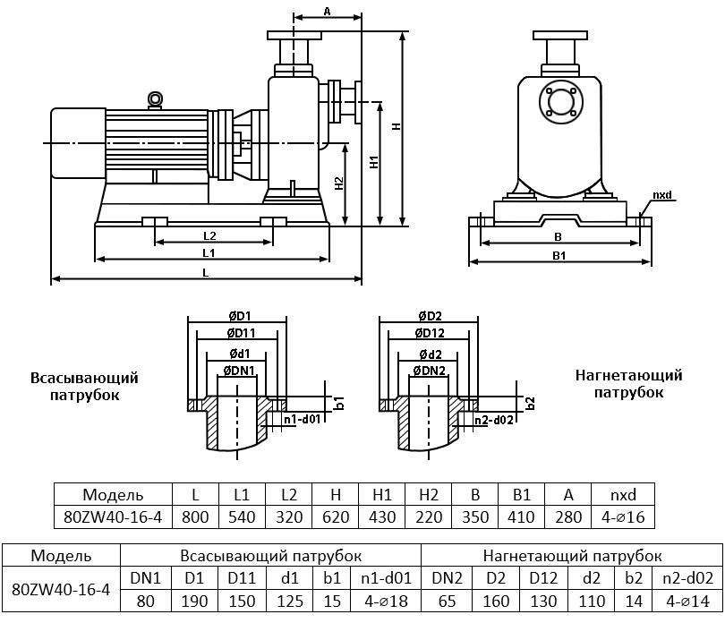 Габаритный чертеж самовсасывающего дренажного насоса ZY Drain 80ZW40-16-4