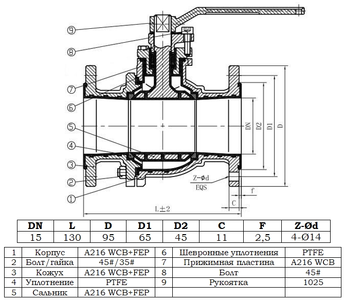 Габаритный чертеж крана шарового химического Zenova КШХ 15/16.1