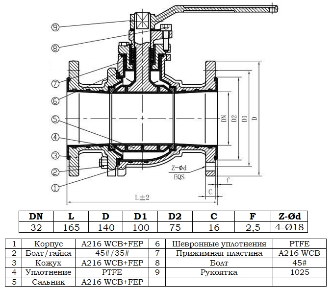 Габаритный чертеж крана шарового химического Zenova КШХ 32/16.1