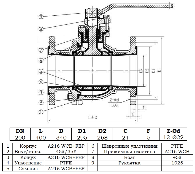 Габаритный чертеж крана шарового химического Zenova КШХ 200/16.1