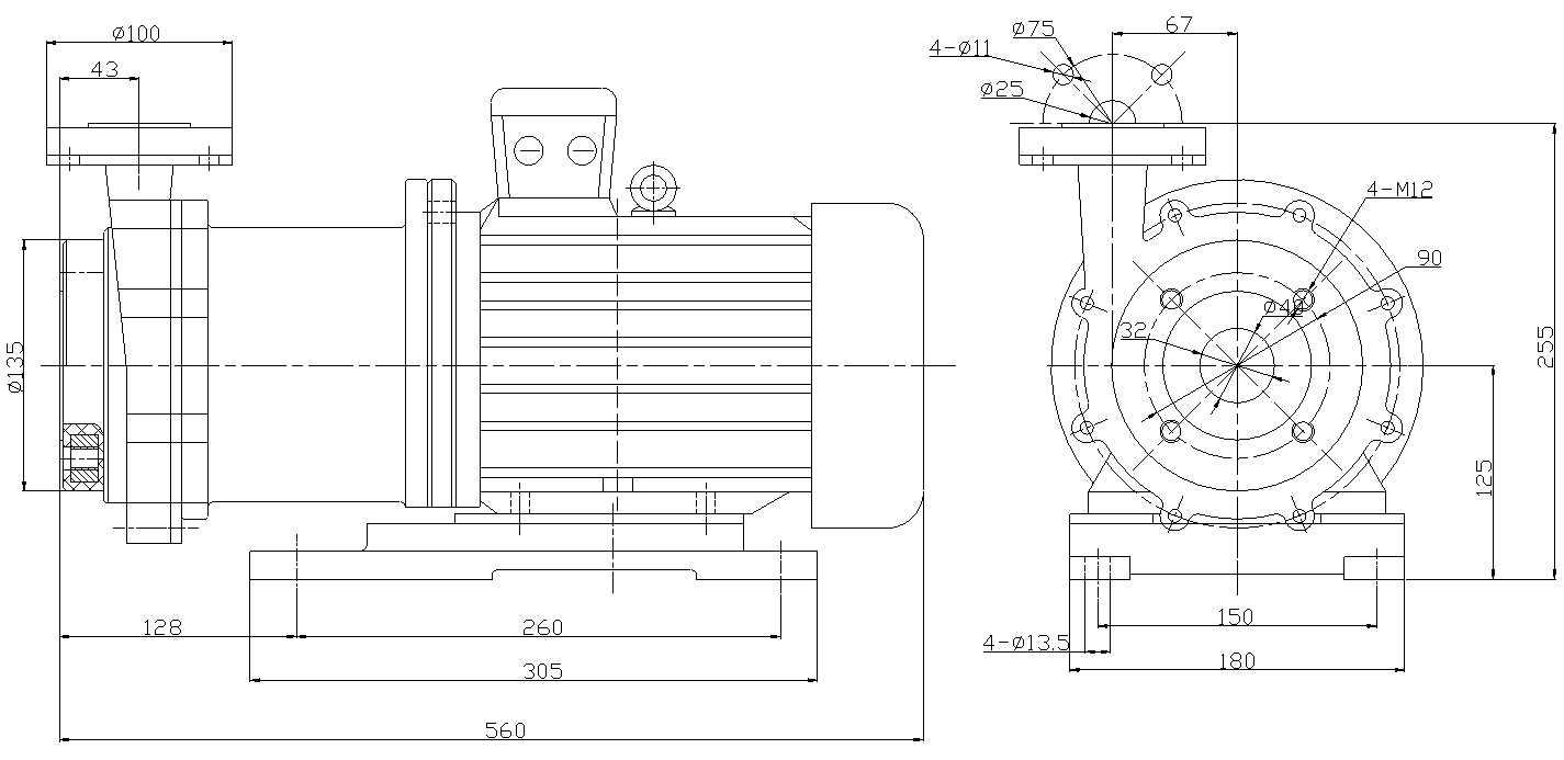 Габаритный чертеж модели CQB 32-25-125-Nd-M-022