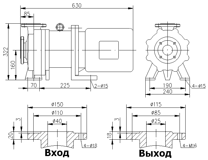 Габаритный чертеж модели CQB 40-25-160-Fe-M-030