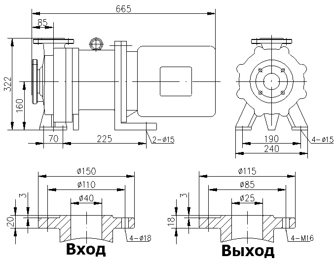Габаритный чертеж модели CQB 40-25-160-Nd-PPS-040