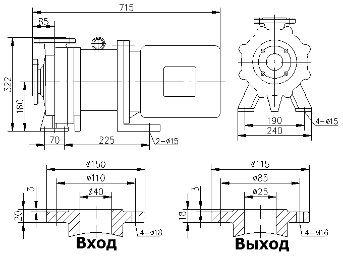 Габаритный чертеж модели CQB 40-25-160-Nd-PPS-055
