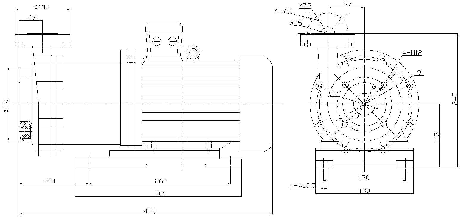 Габаритный чертеж модели CQB 32-25-125-Fe-M-011