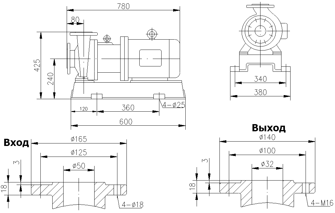 Габаритный чертеж модели CQB 50-32-200-Nd-PPS-075