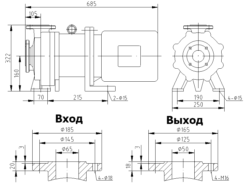 Габаритный чертеж модели CQB 65-50-125-Fe-M-040
