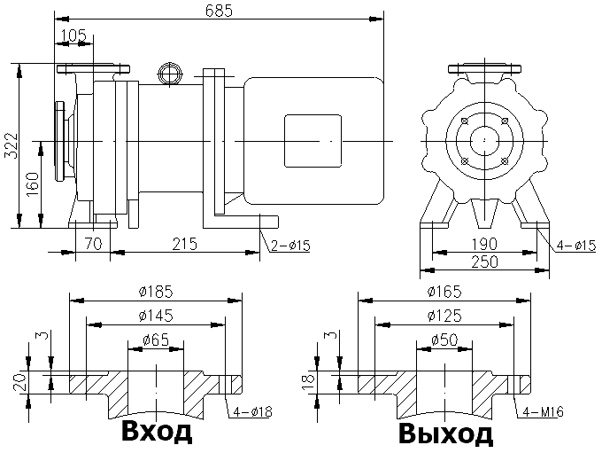 Габаритный чертеж модели CQB 65-50-160-Nd-PPS-040