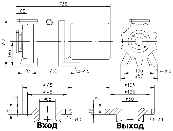 Габаритный чертеж модели CQB 65-50-160-Nd-PPS-055