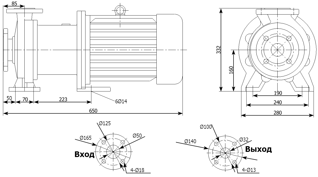 Габаритный чертеж модели CQB 50-32-160-Fe-M-040