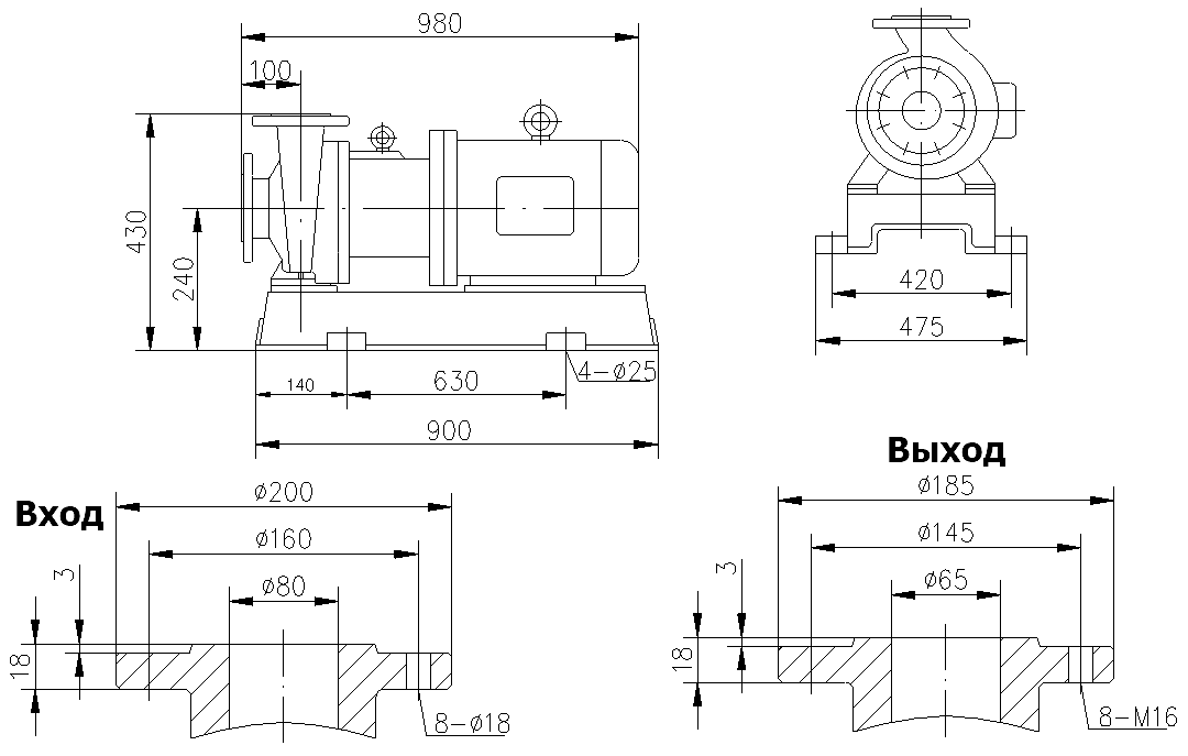 Габаритный чертеж модели CQB 80-65-160-Nd-PPS-110