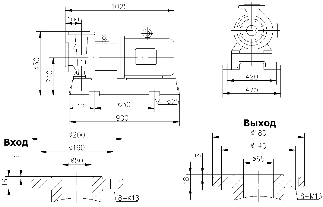 Габаритный чертеж модели CQB 80-65-160-Nd-PPS-185