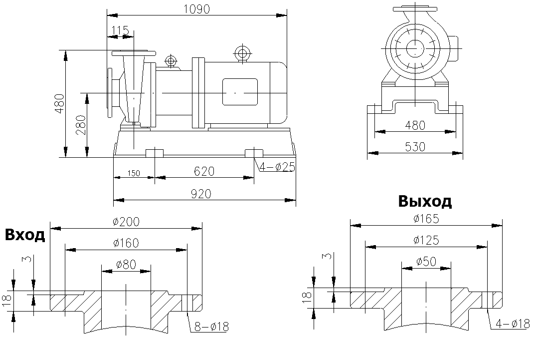 Габаритный чертеж модели CQB 80-50-200-Nd-PPS-300