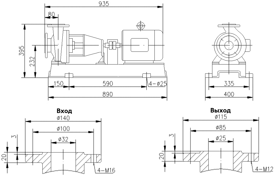 Габаритный чертеж насоса IHF 32-25-160/2-FEP/C-030